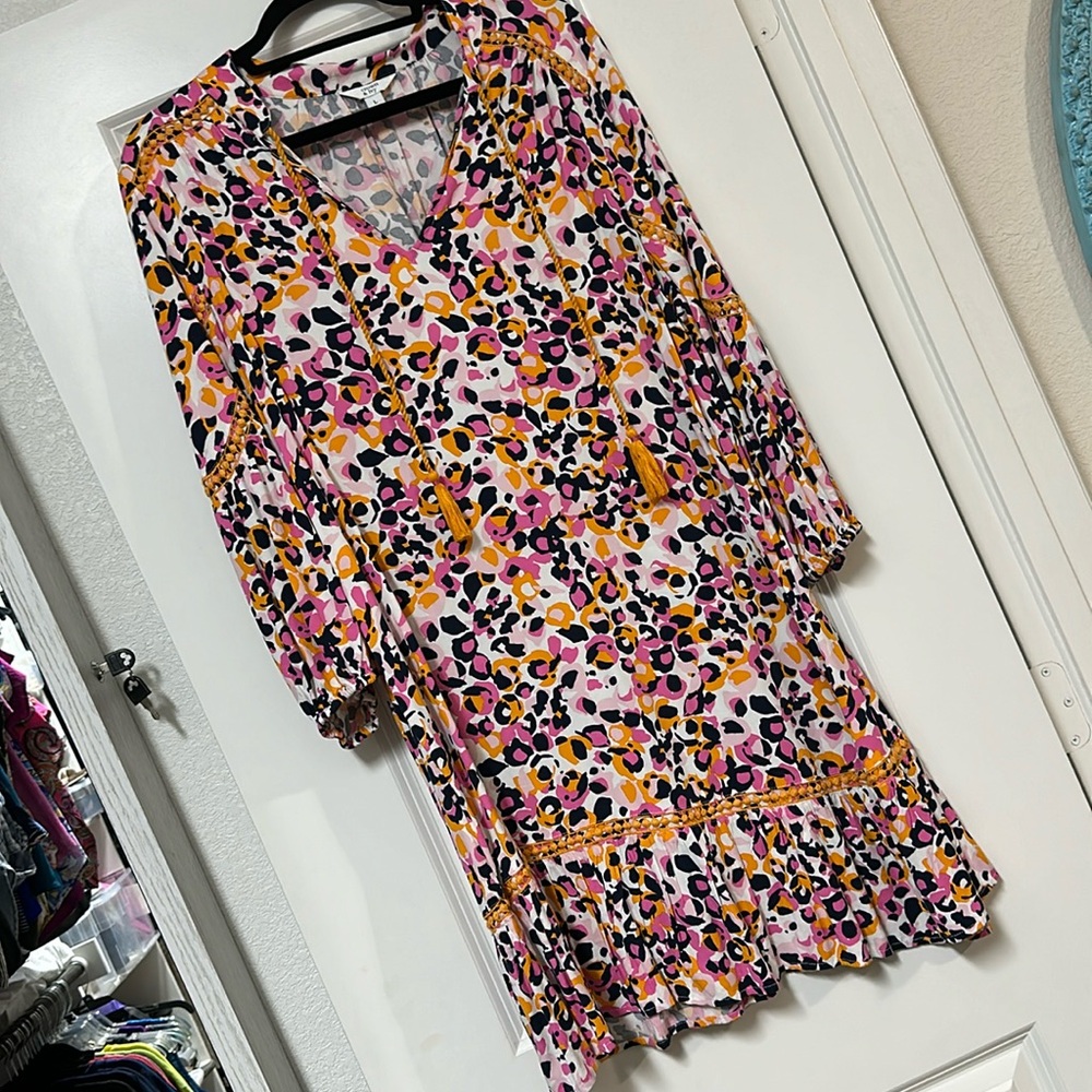 Crown & Ivy Blue, Pink and Orange Leopard Long Sleeve Dress, Size L